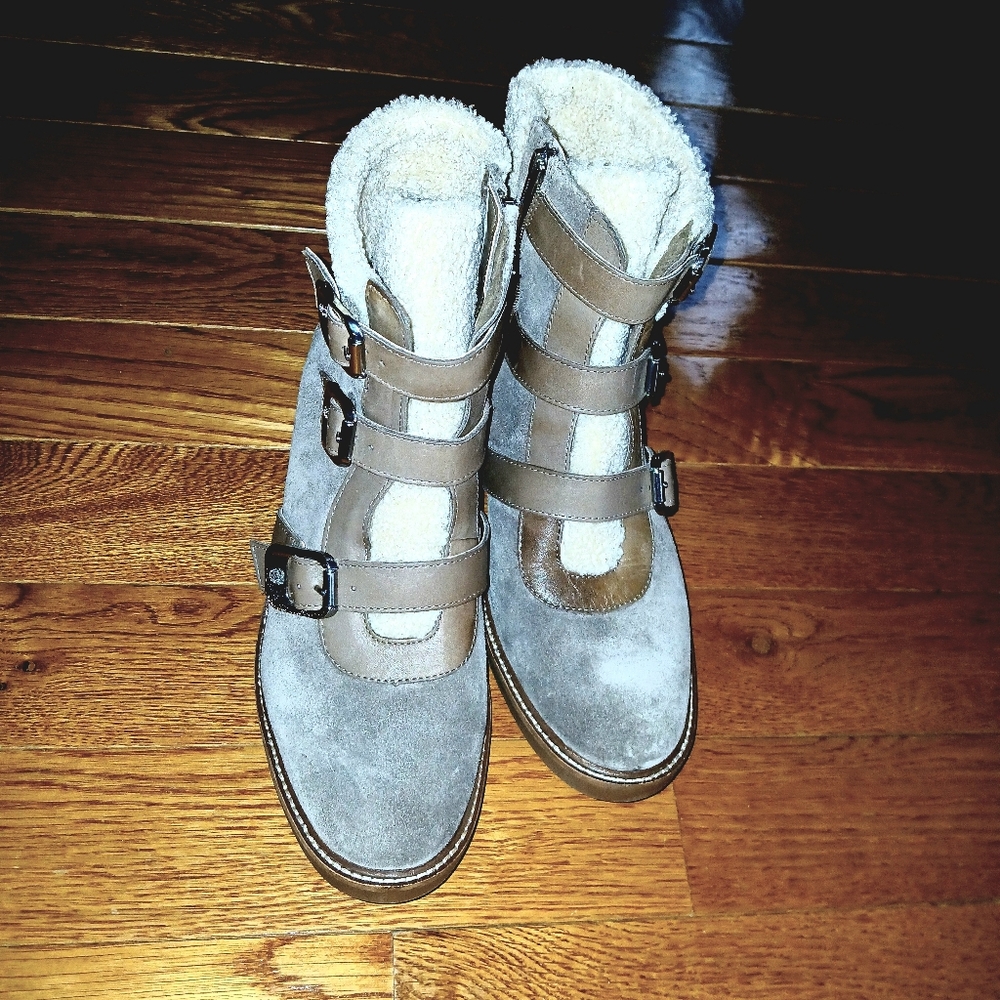 Vince Camuto Klerica Leather Suede Faux Fur Moto Hiker Taupe Size 12 Women